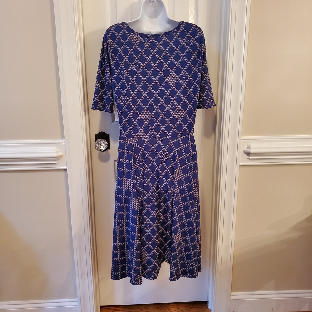LuLaRoe Nicole Blue and White Geometric Midi Dress - Picture 4 of 7